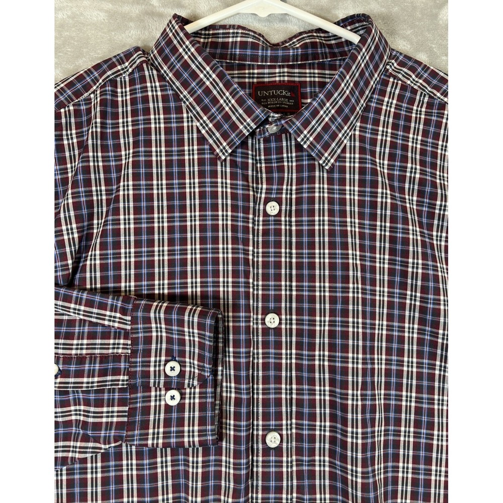 UNTUCKit Button Up Shirt Long Sleeve Navy Burgundy Plaid Mens 3XL / XXXL